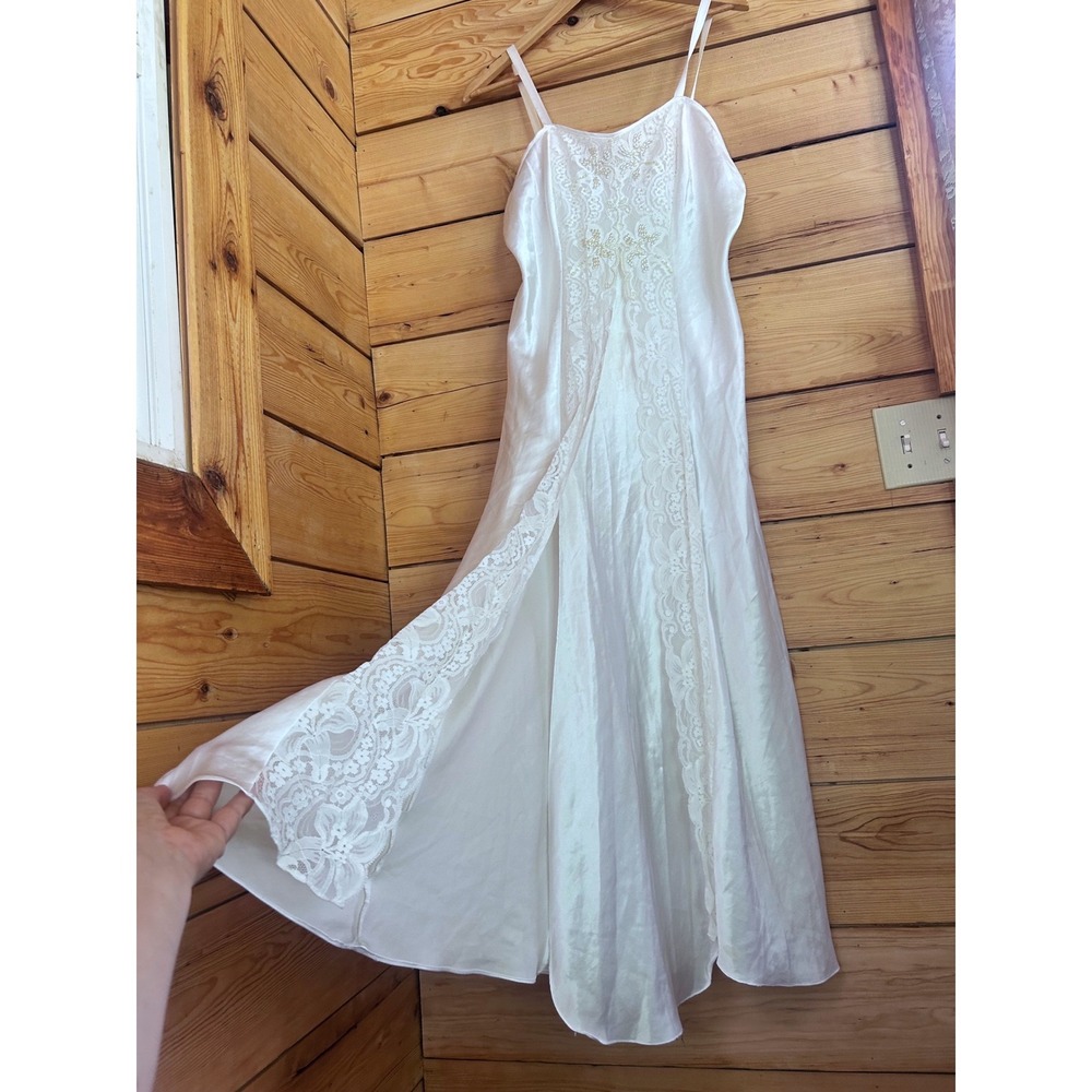Vintage Satin Lace Maxi Slip Gown Women Large White Beaded Bridal Olga Made USA